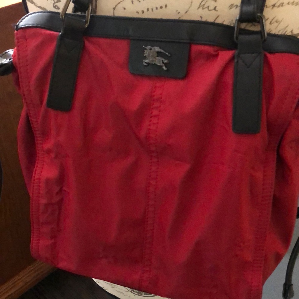 Burberry Authentic Nylon Leather Tote In Red w/ Black Buckleigh As-is condition